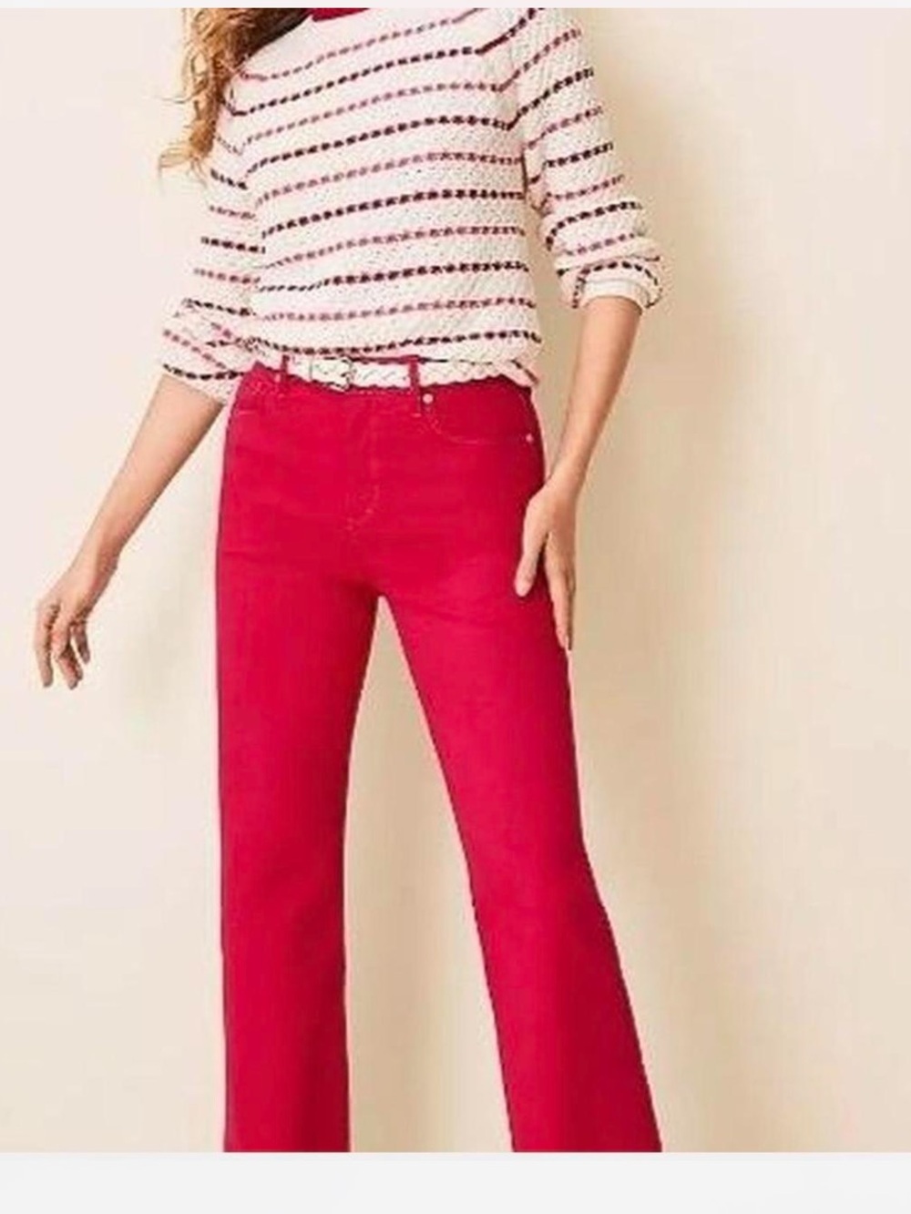 LOFT Women’s Small Open Knit Striped Sweater Cream Pink Red Cotton Crewneck